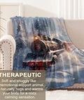 Cozy As Heck Winter Train Blanket with a vintage steam locomotive and snowy forest design on a sofa, flannel material, 80x60 inches.