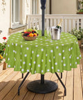 60 Inch Round Outdoor Tablecloth With Umbrella Hole And Zipper, Waterproof Heavy Duty Oxford Fabric, Green Polka Dot on Patio Table