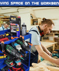 Magnetic Power Tool Organizer With 3 Slot Utility Rack, Wall Mount Heavy Duty Cordless Drill Holder And Removable Tool Tray For Garage, Workshop, And Warehouse, Keeps Tools Handy And Tidy. Blue metal rack in workshop with drills and tools.