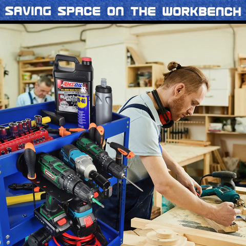 Magnetic Power Tool Organizer With 3 Slot Utility Rack, Wall Mount Heavy Duty Cordless Drill Holder And Removable Tool Tray For Garage, Workshop, And Warehouse, Keeps Tools Handy And Tidy. Blue metal rack in workshop with drills and tools.