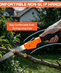 Heavy Duty 7 Inch Folding Pruning Saw With Safety Hand Guard For Quick Tree Trimming And Limb Cutting, showing non-slip handle cutting branch.