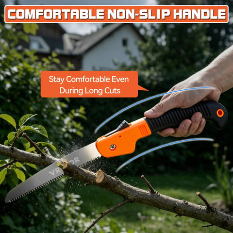Heavy Duty 7 Inch Folding Pruning Saw With Safety Hand Guard For Quick Tree Trimming And Limb Cutting, showing non-slip handle cutting branch.