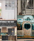 Collage image showcasing Premium Grade Steel Heavy Duty Three Inch Barrel Door Slide Bolt Lock in various secured settings.