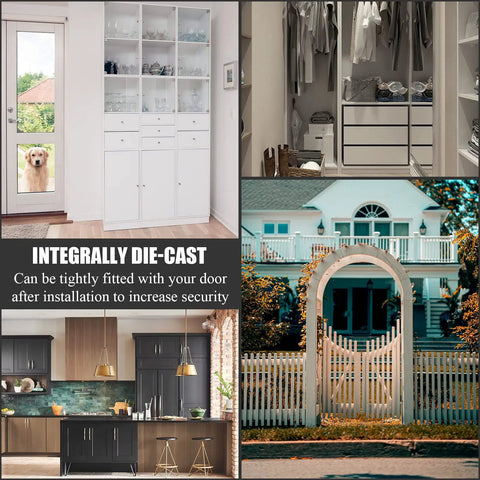 Collage image showcasing Premium Grade Steel Heavy Duty Three Inch Barrel Door Slide Bolt Lock in various secured settings.