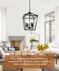 Black Farmhouse Chandelier 4 Light Ceiling Fixture With Height Adjustable Flexible Chain in cozy living room setting.