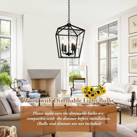 Black Farmhouse Chandelier 4 Light Ceiling Fixture With Height Adjustable Flexible Chain in cozy living room setting.