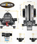 Ultra Quiet 12V DC RV Water Pump With 4.5 GPM And 45 PSI Diaphragm Design, Smart Pressure Switch dimensions and components