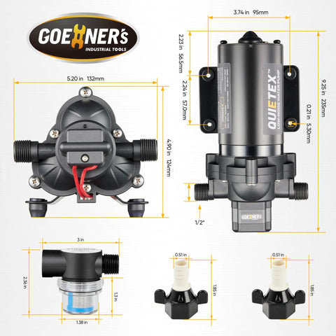 Ultra Quiet 12V DC RV Water Pump With 4.5 GPM And 45 PSI Diaphragm Design, Smart Pressure Switch dimensions and components