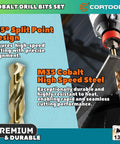 Rugged 1/8 Inch Cobalt Drill Bits 20 Piece Set M35 High Speed Steel Jobber Twist Drills For Stainless Steel And Hard Metal Built Like A Tank And Knocks Any Job Clean showing 135° split point drill bit and cutting steel.