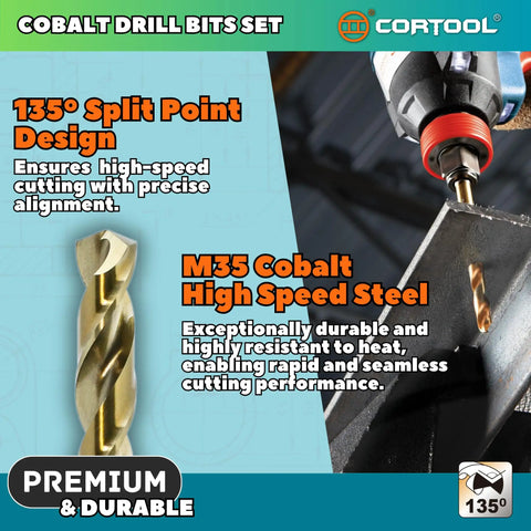 Rugged 1/8 Inch Cobalt Drill Bits 20 Piece Set M35 High Speed Steel Jobber Twist Drills For Stainless Steel And Hard Metal Built Like A Tank And Knocks Any Job Clean showing 135° split point drill bit and cutting steel.