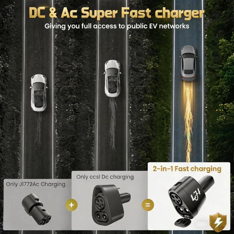 Heavy Duty Ccs And J1772 To Tesla Adapter For Level 1 2 3 Charging Stations with fast charging connectors on roads.