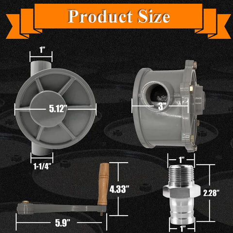 Heavy Duty Two Way Rotary Fuel Pump Kit For Gas Caddy 30 35 40 Gallon Transfer NPT Thread Hand Siphon Pump Inlet One And One Quarter Inch Outlet One Inch Sealing Tape Included dimensions shown with rotary pump, handle, and NPT fittings