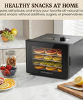 Top Tier Kitchen Workhorse Food Dehydrator With Heavy Duty Stainless Steel Trays drying citrus slices on trays.