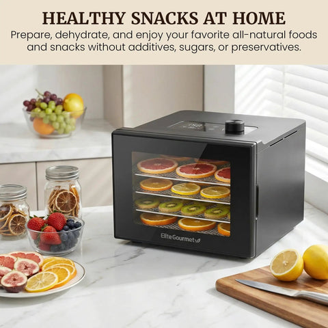 Top Tier Kitchen Workhorse Food Dehydrator With Heavy Duty Stainless Steel Trays drying citrus slices on trays.