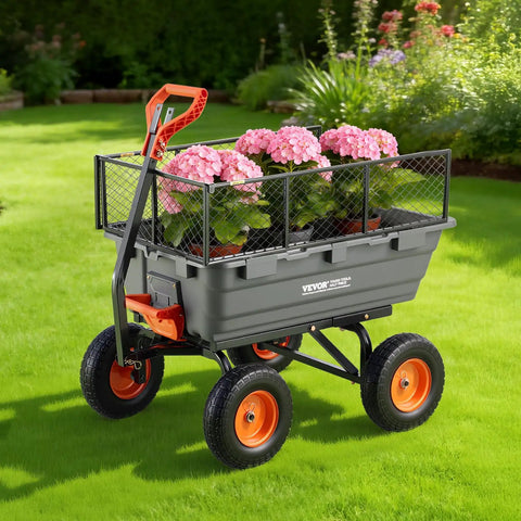 Heavy Duty 10 Cu Ft Poly Garden Cart Dump Wagon With Convertible Handle And 13 Inch Flat Free Tires, Tow Behind Yard Wagon For Lawn Mower And Tractor, 1200 Lbs Capacity, carrying potted flowers