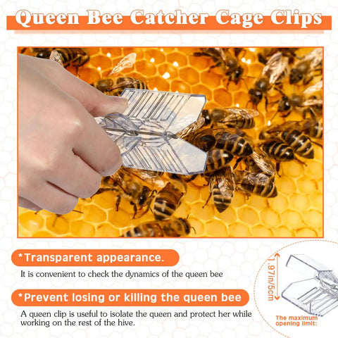Hand using plastic cage clip from All In One Queen Bee Marking Kit With 8 Pens 2 Bottles And 5 Plastic Cage Clips For Beekeepers