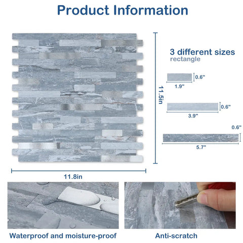 Ten Sheets Peel and Stick Backsplash PVC Wall Tiles For Kitchen, Easy Install, Scratch Resistant, Strong Adhesion, Durable And Low Maintenance, Modernize Your Kitchen With A Fresh Sleek Look. Detailed image showing tile sizes and scratch resistance.