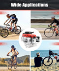 Rock Solid 53cc 4 Stroke Gas Engine Motorized Bicycle Conversion Kit shown on mountain, road, beach, and traveling bikes.