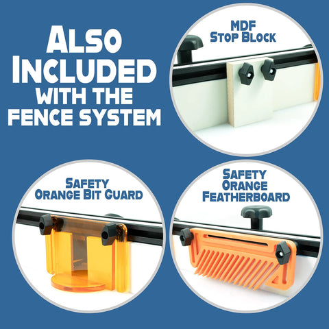 Top Shelf 32 Inch Deluxe Router Table Fence With Rock Solid Aluminum L Backer And Quick Adjust Featherboard, includes safety orange bit guard and featherboard.