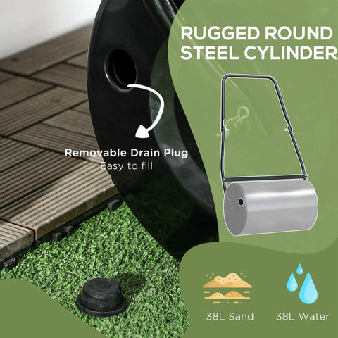 Heavy Duty 38L Push And Tow Lawn Roller With U Handle Water Or Sand Fill Steel Construction For Rust Resistance Easy Roll On Lawns, close-up view of drain plug and roller.