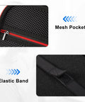 Close-up of mesh pocket and elastic band on hard case for nebulizer and accessories, travel ready storage bag, red.