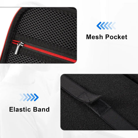 Close-up of mesh pocket and elastic band on hard case for nebulizer and accessories, travel ready storage bag, red.
