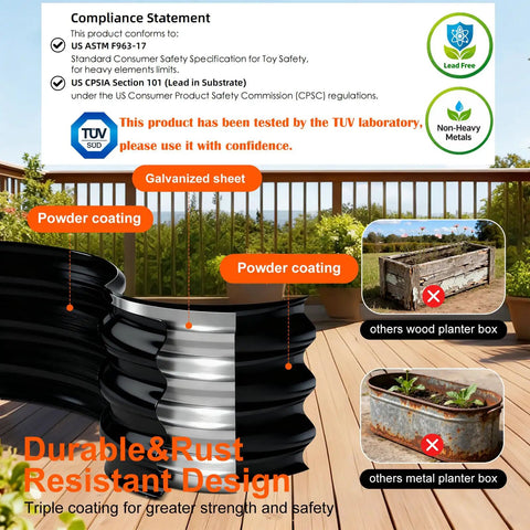 Two Pack Raised Garden Bed Oval Metal Planter Boxes with rust-resistant coated surface on a patio
