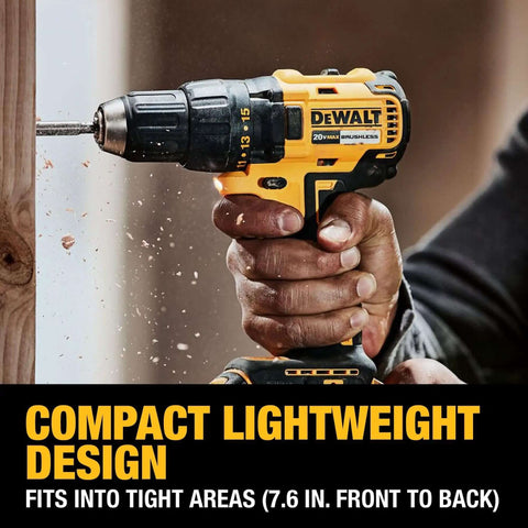 Kick-Ass 20V Max Brushless Cordless 3-Tool Combo Kit Featuring Half Inch Drill Driver, Quarter Inch Impact Driver, Oscillating Multi Tool With Three Durable Batteries And Turbo Charger For Home Improvement And Handyman Household Projects, person using compact drill on wood.
