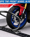 Heavy Duty Steel 7 Inch E Track Wheel Chock With Adjustable Front Tire Stop in use on motorcycle with E Track system