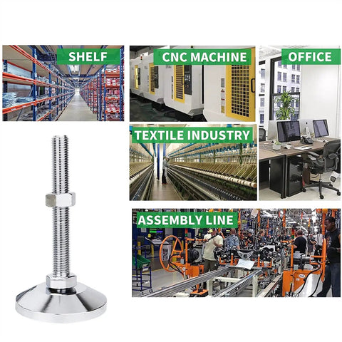 Beefy 4 Pack Heavy Duty Leveling Feet M20 Thread With Nuts, Adjustable Furniture Levelers For Heavy Benches And Equipment, Supports Up To 1700kg, Rubber Anti Slip Base, 185mm Total Height, 100mm Base Diameter, 150mm Thread Length, threaded leveling foot shown for shelf, CNC machine and office use