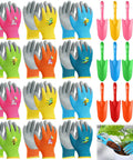 24 Piece Kid Friendly Garden Tool Set With Mini Colorful Metal Shovels And Gloves Includes 12 Hand Trowels In 6 Colors And 12 Pairs Of Garden Gloves Ideal For Little Gardeners 11 By 3 Inch Shovels shown in 6 vibrant colors with gloves.