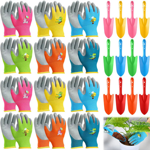 24 Piece Kid Friendly Garden Tool Set With Mini Colorful Metal Shovels And Gloves Includes 12 Hand Trowels In 6 Colors And 12 Pairs Of Garden Gloves Ideal For Little Gardeners 11 By 3 Inch Shovels shown in 6 vibrant colors with gloves.