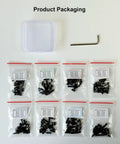 Product packaging for Red Dot Torx Screw Kit For Plates And Mounts With M3 M3.5 M4 And Thread Sizes 4 40 6 40 8 40 6 32 6 48 Carbon Steel Black Oxide Finish 12 9G Includes T10 Wrench Eight Types Of Torx Screws In 6 8 10 12 And 14 mm Lengths Four Pieces Each, shown with eight labeled bags of screws and a T10 wrench in a white case.