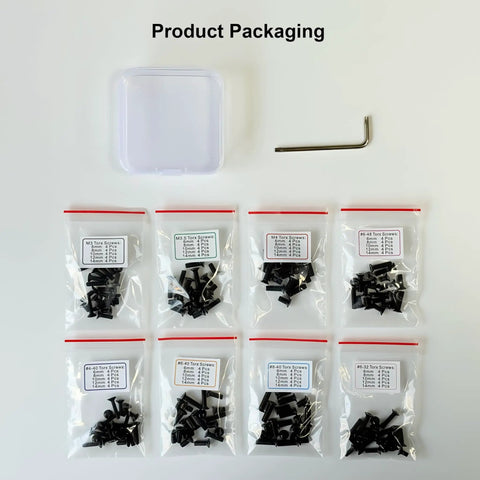Product packaging for Red Dot Torx Screw Kit For Plates And Mounts With M3 M3.5 M4 And Thread Sizes 4 40 6 40 8 40 6 32 6 48 Carbon Steel Black Oxide Finish 12 9G Includes T10 Wrench Eight Types Of Torx Screws In 6 8 10 12 And 14 mm Lengths Four Pieces Each, shown with eight labeled bags of screws and a T10 wrench in a white case.