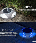 Wireless Solar Deck Lights Outdoor LED Pathway Markers dual color modes on pavement with IP68 weather resistant and pressure resistance features.