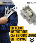 WE01X31004 Latch Replacement For General Electric Dryers next to person holding tools.