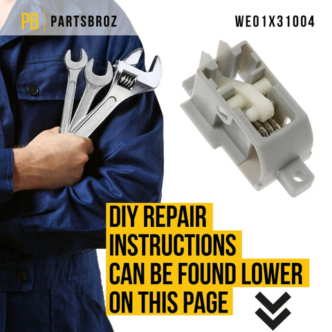 WE01X31004 Latch Replacement For General Electric Dryers next to person holding tools.