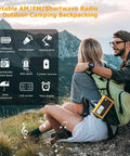 Couple hiking with Emergency Radio With NOAA Alerts 12000mAh Portable Solar Crank Battery Powered AM FM Shortwave USB C Charger.