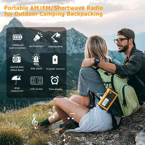 Couple hiking with Emergency Radio With NOAA Alerts 12000mAh Portable Solar Crank Battery Powered AM FM Shortwave USB C Charger.