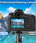 Digital camera showcasing before and after use of 10 In 1 Pro Grade Camera Lens Cleaning Kit With Air Blower Lens Cleaner Pen.