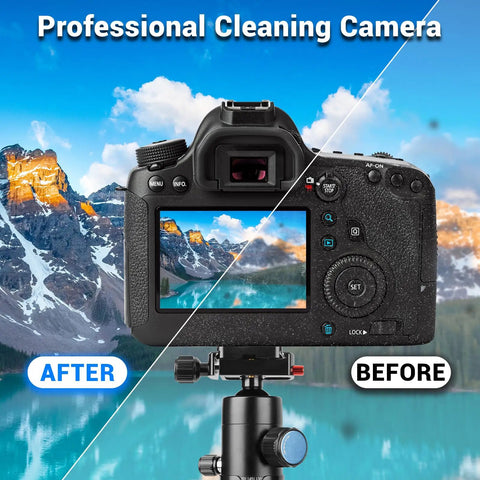Digital camera showcasing before and after use of 10 In 1 Pro Grade Camera Lens Cleaning Kit With Air Blower Lens Cleaner Pen.