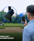 Golfer using Captain Pro Golf Rangefinder Slope And GPS Distances, 1200 Yard, OLED Display to locate rangefinder via smartphone app