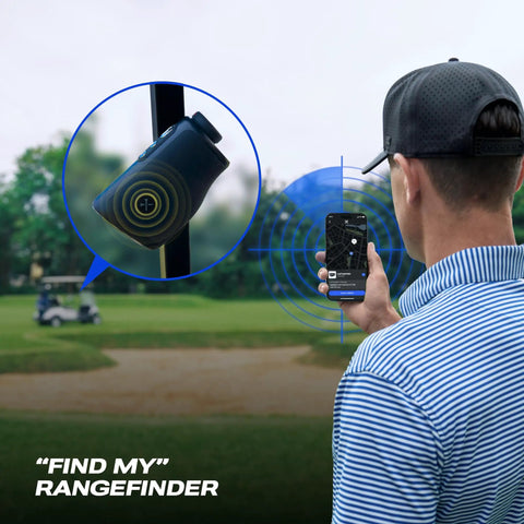 Golfer using Captain Pro Golf Rangefinder Slope And GPS Distances, 1200 Yard, OLED Display to locate rangefinder via smartphone app