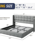 Game Changing King Bed Frame With Hydraulic Gas Lift Storage showing dimensions and grey upholstered headboard.