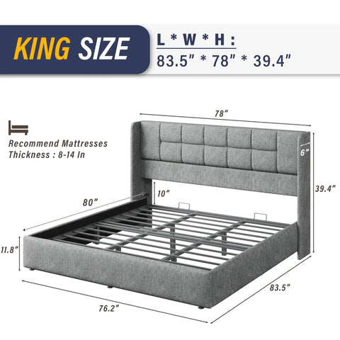 Game Changing King Bed Frame With Hydraulic Gas Lift Storage showing dimensions and grey upholstered headboard.