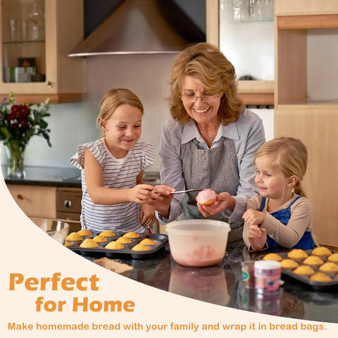 Family baking together in kitchen, preparing homemade bread to store in 60 Pack Paper Bread Bags With Window For Fresh Sourdough And Homemade Loaves Kraft Bakery Bags 13.7 By 8.3 By 3.5 Inches Includes 70 Sealing Stickers Great For Storing Loaves And Snacks.