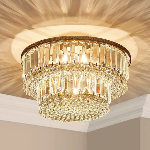 K9 Crystal 3-Light Two-Tier Flush Mount Ceiling Light Fixture, Sleek Modern Chandelier for bedroom, dining room, living room