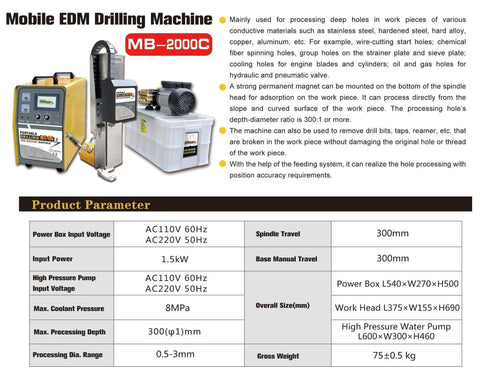 Portable Edm Hole Driller Delivering Kickass Precision With Smooth Plug And Play Control For Rapid Micro Borings Up To Three Millimeters During Daily Shop Floor Tasks, showing mobile EDM drilling machine with components and specifications.