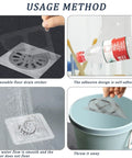 Nukinp Disposable Hair Drain Stickers, 60 Pack 4x4 fiberglass adhesive drain covers in use on a shower drain.
