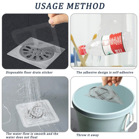 Nukinp Disposable Hair Drain Stickers, 60 Pack 4x4 fiberglass adhesive drain covers in use on a shower drain.